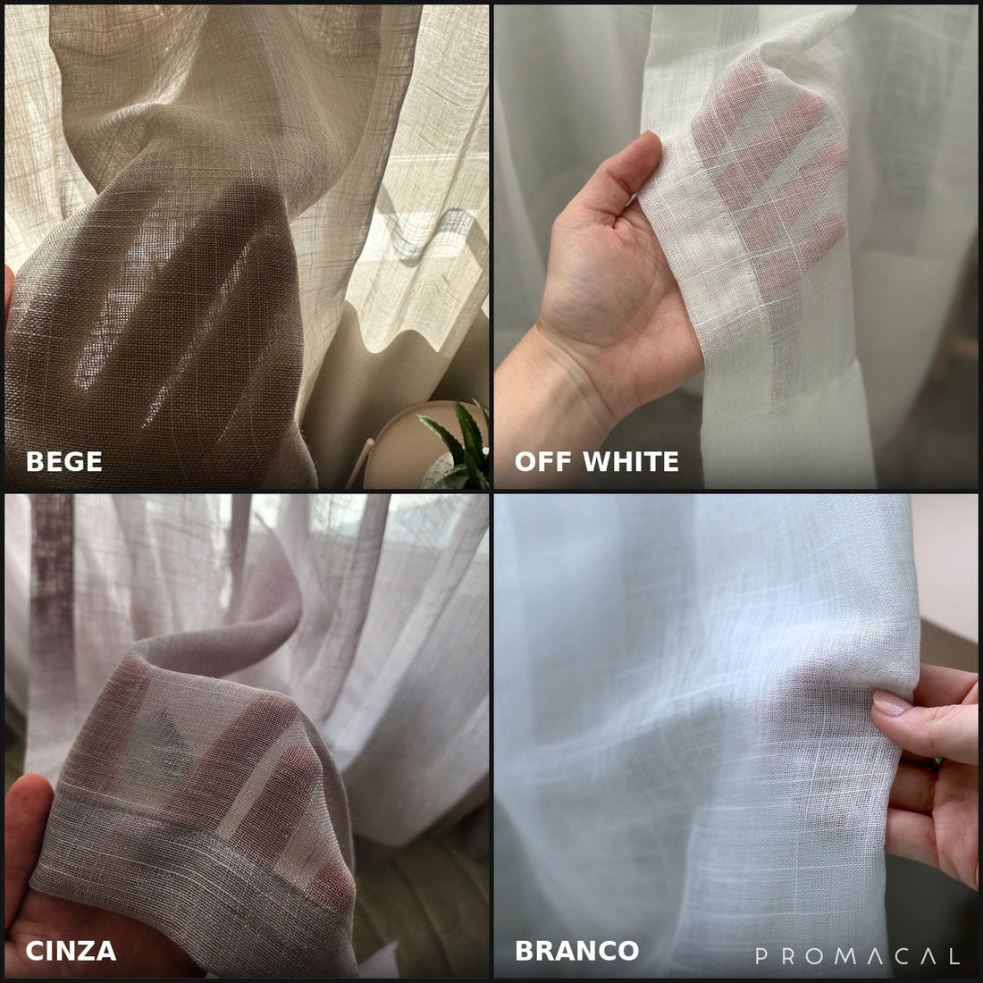 As quatro cores do linho (bege, offwhite, cinza e branco) em cortina instalada, com luz do dia