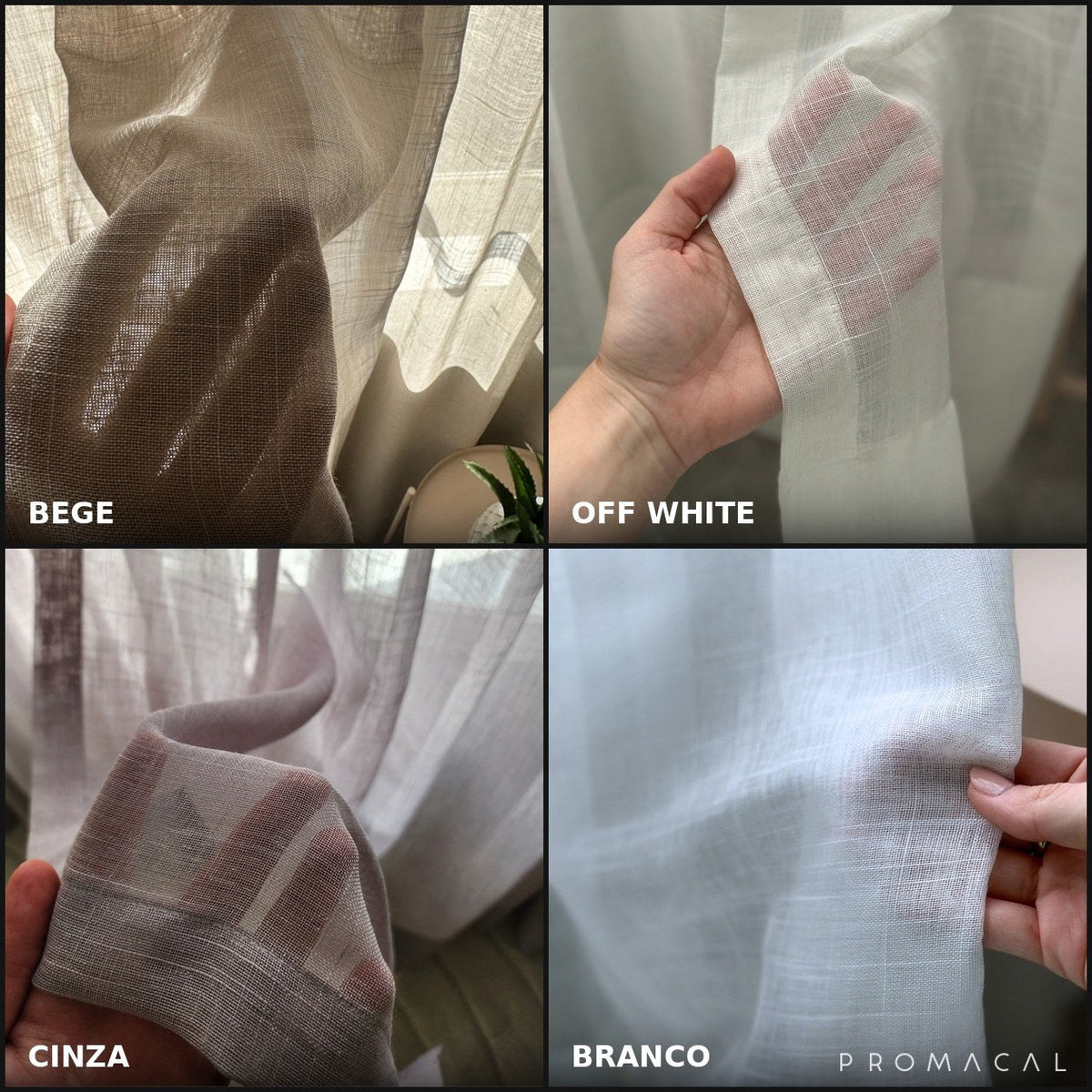 As quatro cores do linho (bege, offwhite, cinza e branco) em cortina instalada, com luz do dia